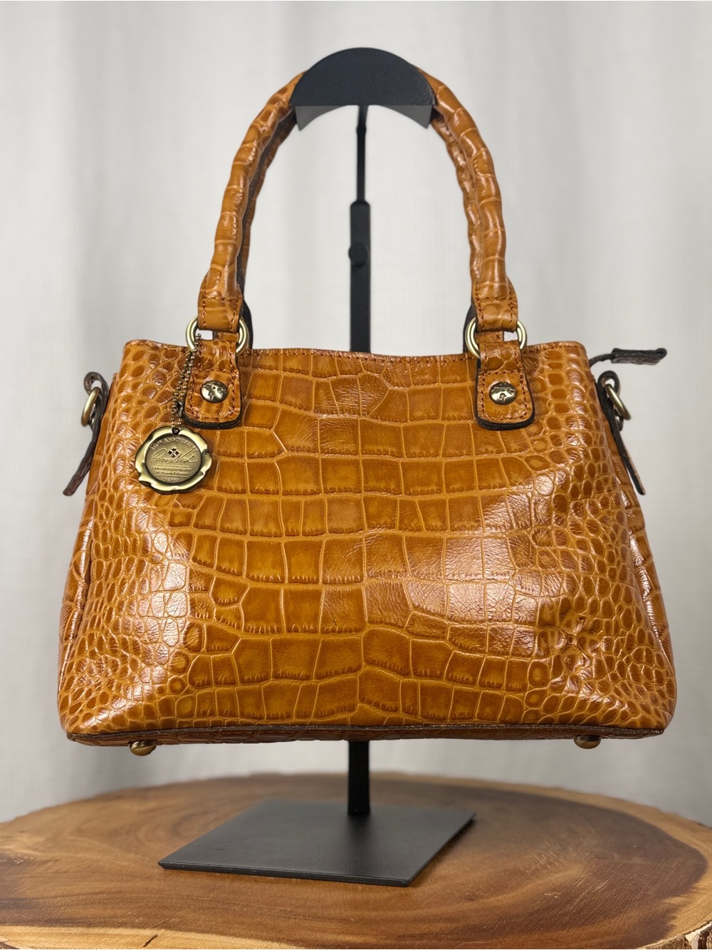 Patricia Nash Cognac Brown Croc Embossed Leather Satchel Crossbody EUC